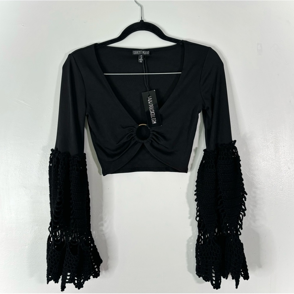 Current Mood Black Flare Crotchet Ring Crop Bra Top